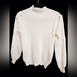 Women's Off White Long Sleeve Sweater with Rhinestone Accents- Size Small EUC
